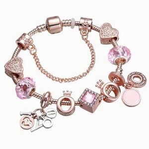 Rose Golden Color Charm Bracelet - Beads Crown Smile Love Heart Charm Bracelet